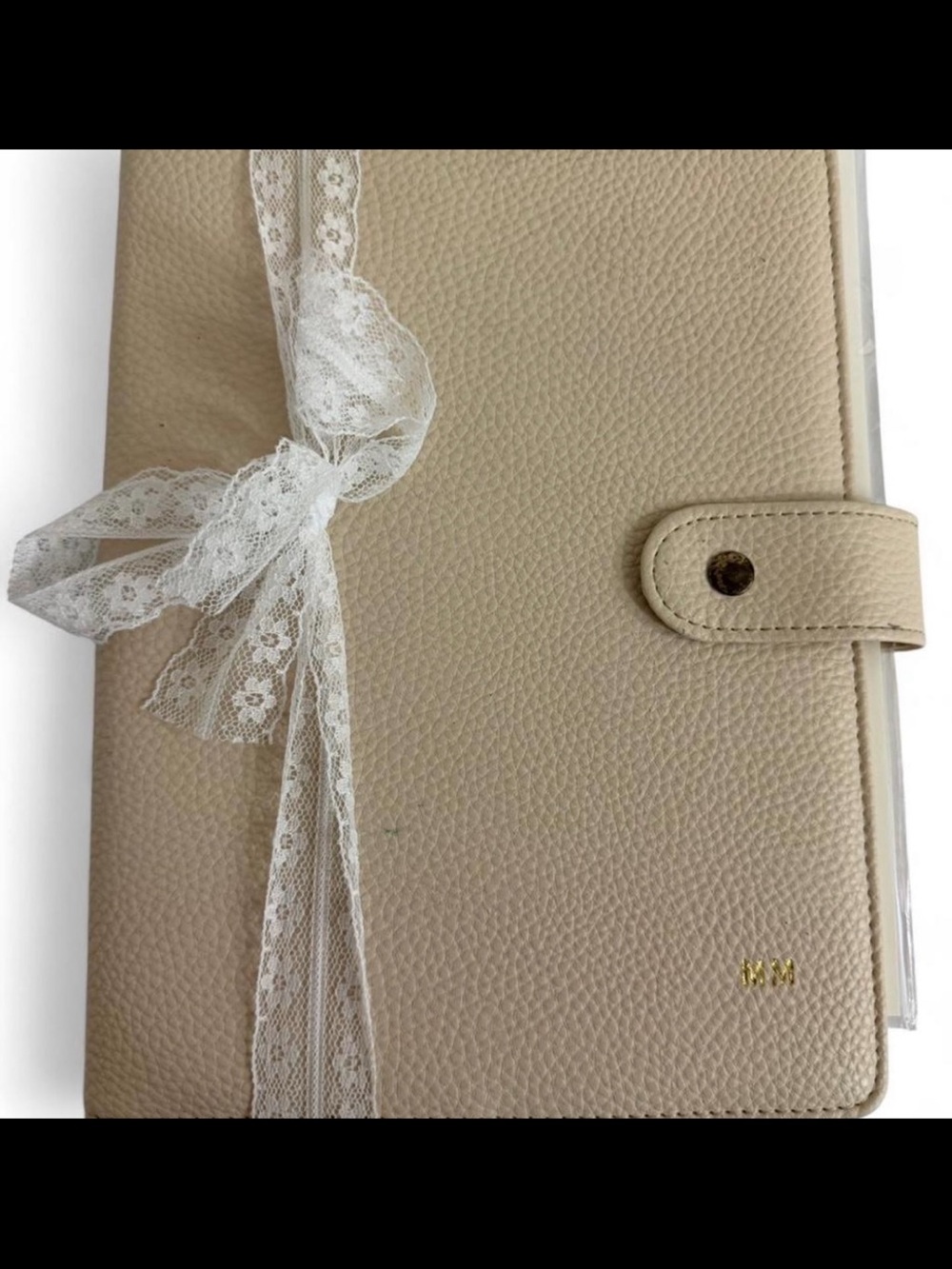 Beige Pebbled Leather Journal with Lace Bow